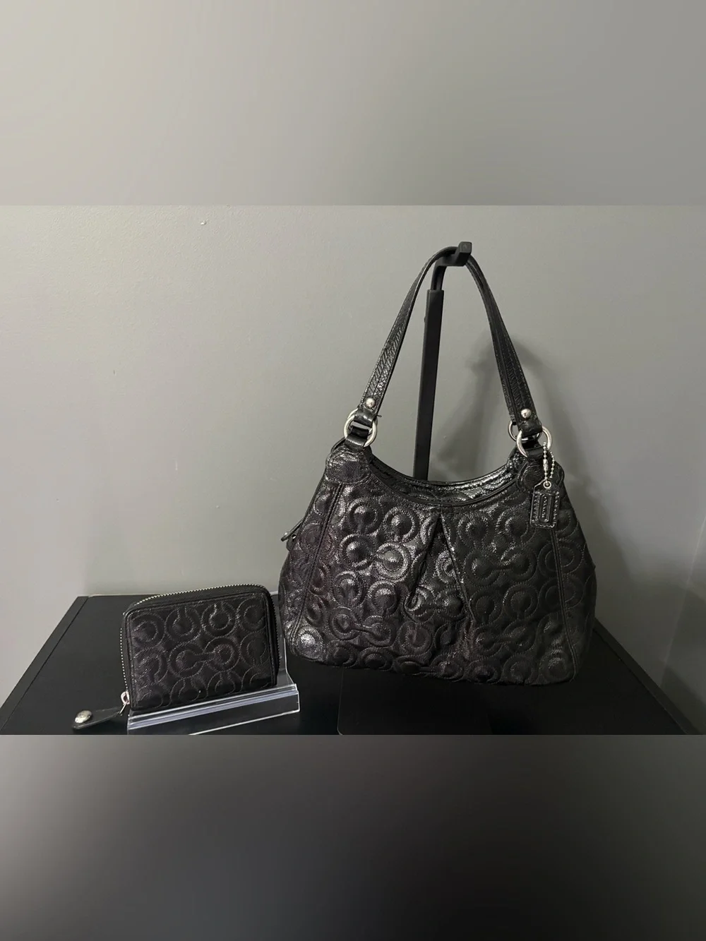 COACH Optic Signature C Glossy Black Hobo Bag & Matching Zip Wallet Set